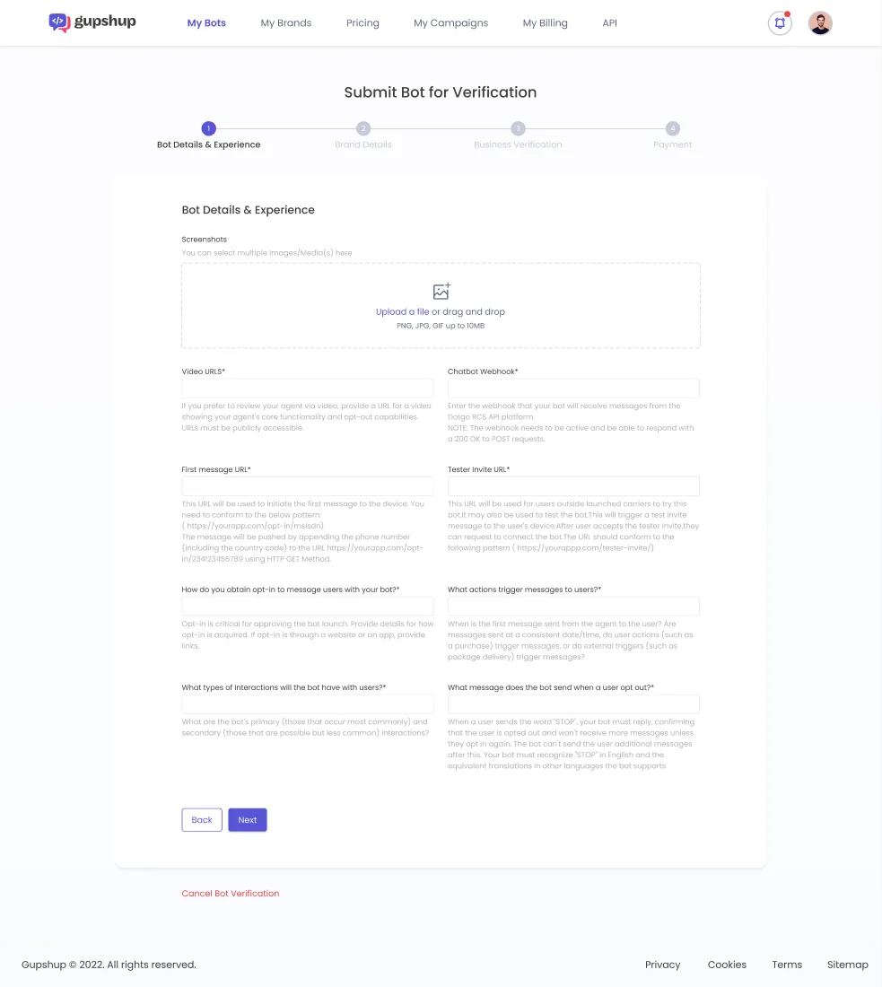 The four-step Submit Bot for Verification flow asking for screenshots, demo video and opt-in handling.