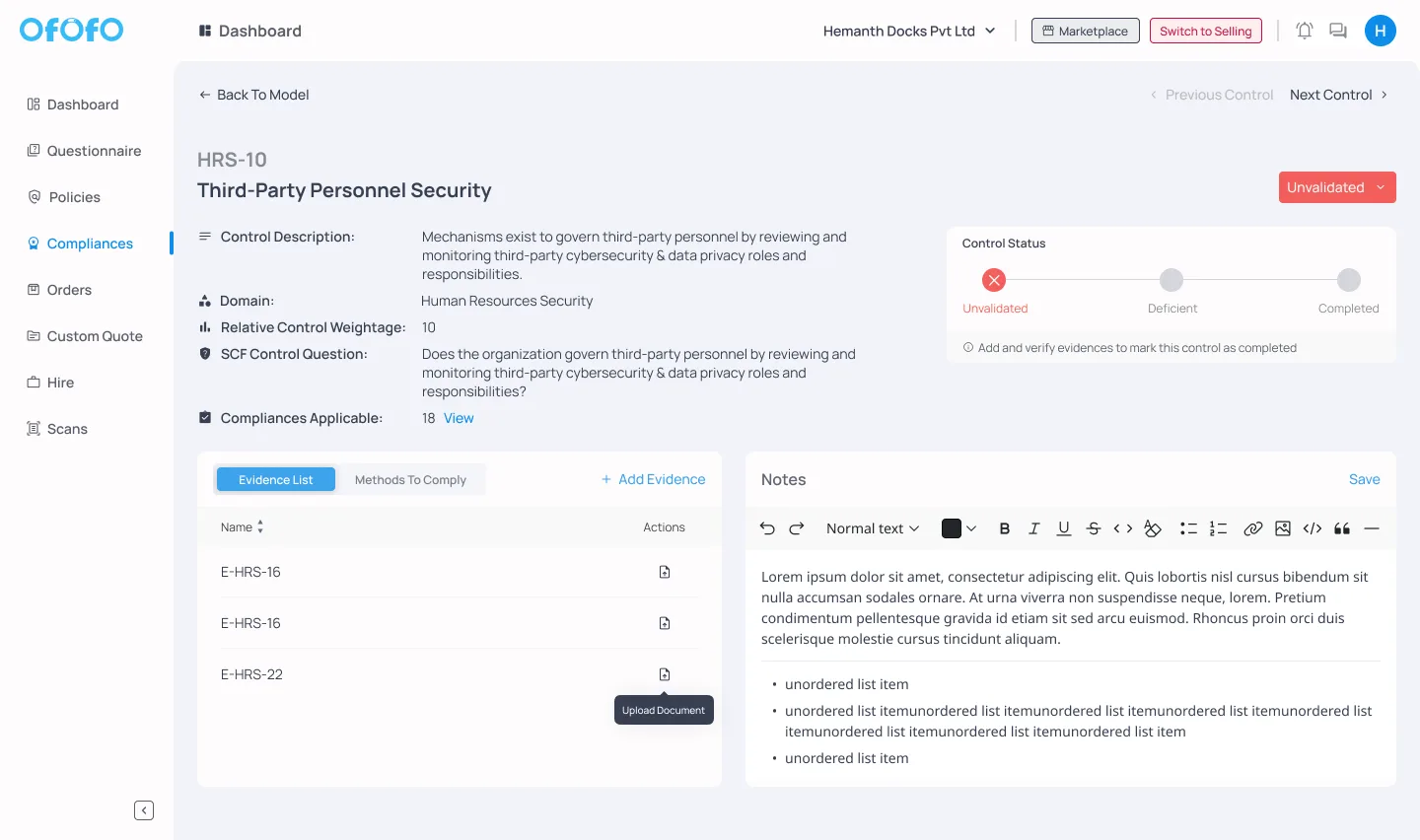 A control page with the Unvalidated to Deficient to Completed status ladder and its evidence list.