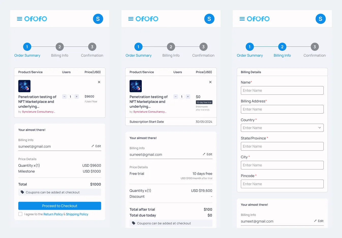 Three mobile checkout screens showing milestone pricing, subscription dual totals and the billing details form.