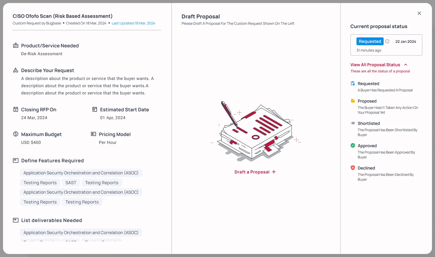 Seller's request view with the five-status proposal legend expanded, Requested through Declined.