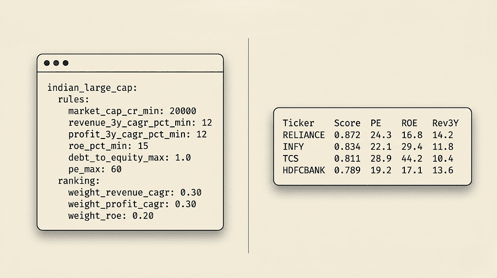 Phase one was a 250-line CLI printing screened large-caps straight to the terminal.
